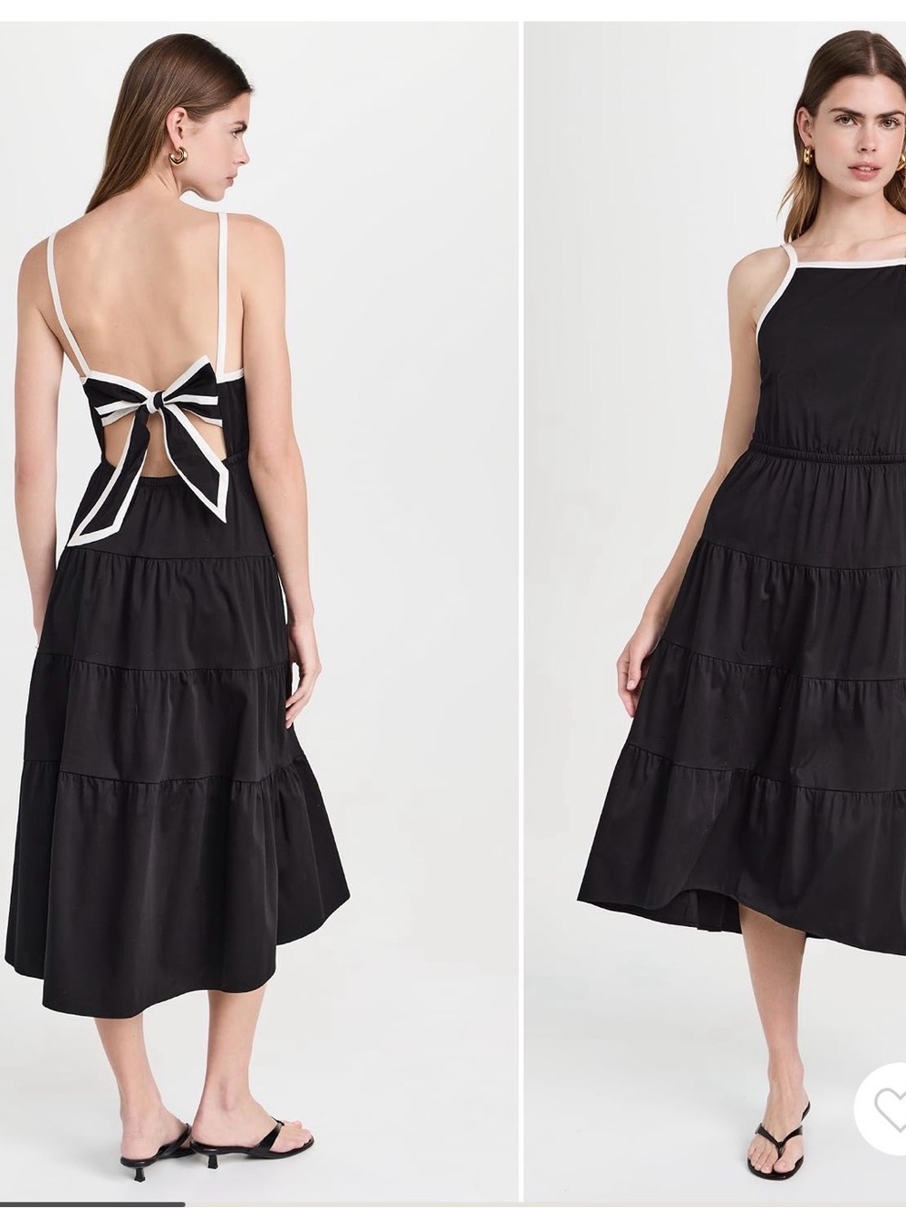 Alice + Olivia Black Midi Tiered Dress with White Trim and Back Bow